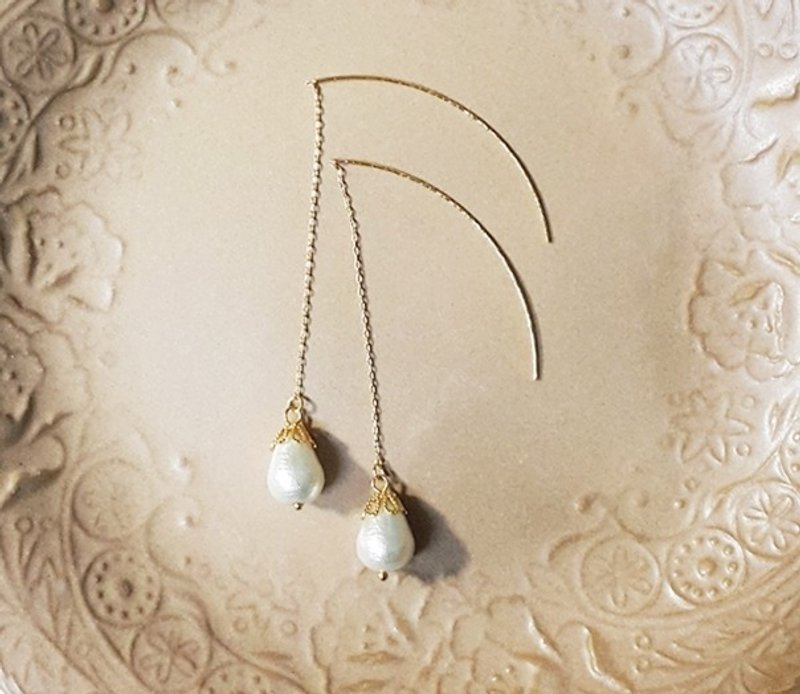 Swarovski Pearl Long Earrings (E1504) - 耳環/耳夾/耳骨夾 - 其他材質 金色