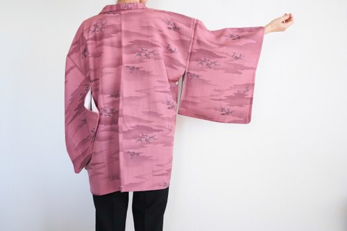Litre Japan Japanese KIMONO, botanical kimono, pink haori, authentic kimono