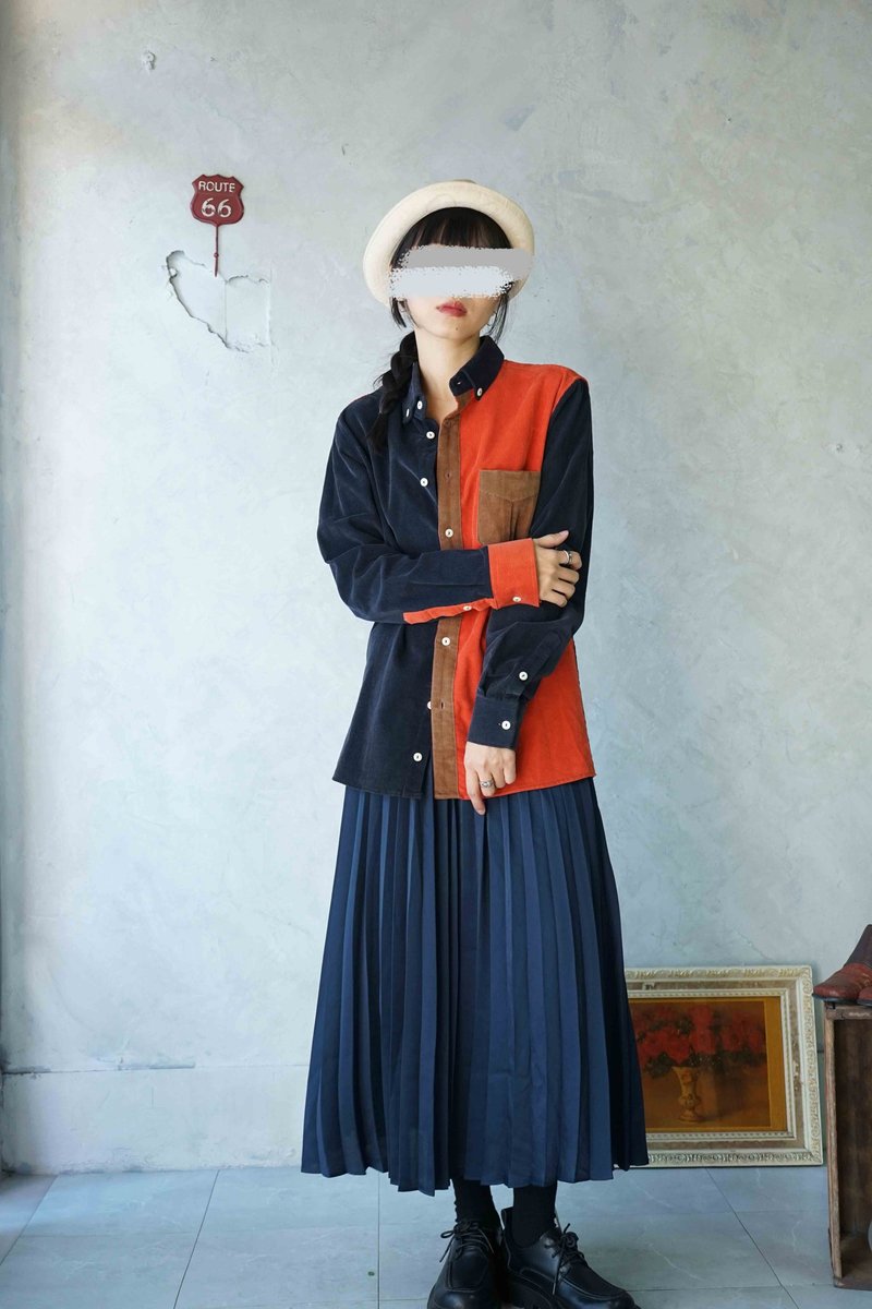 一点物ヴィンテージ - 個性的なブルー＆オレンジの切り替えコーデュロイシャツ - シャツ・ブラウス - コットン・麻 オレンジ