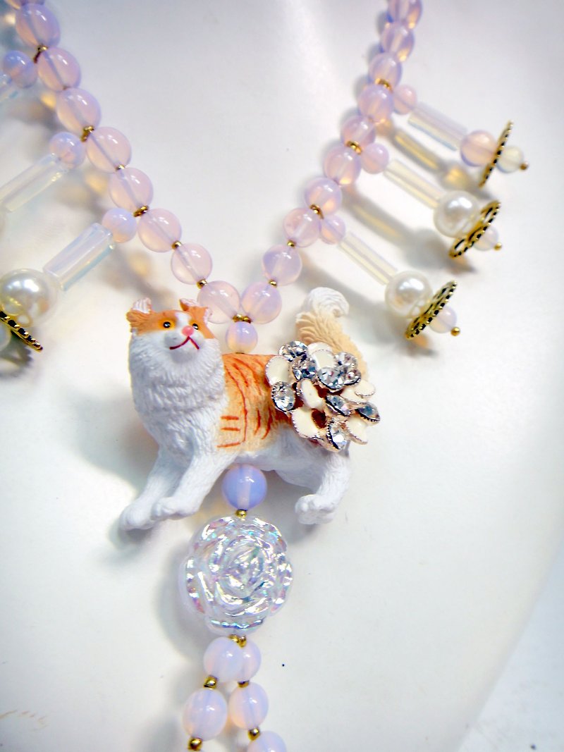 TBL 貓咪粉紅蛋白水晶頸鍊 - 項鍊 - 寶石 粉紅色