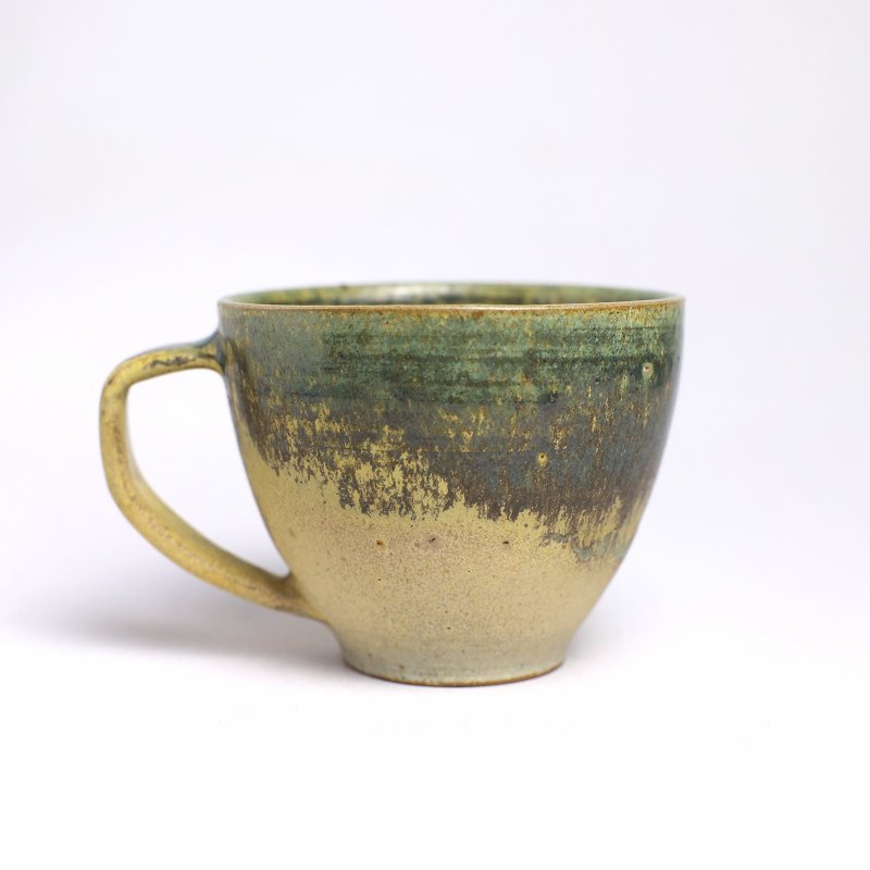 Mingya kiln l copper green gray glaze double hanging cup pottery cup yellow green coffee cup pottery cup H8 - แก้วมัค/แก้วกาแฟ - ดินเผา สีเหลือง