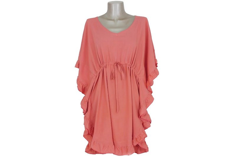 Butterfly sleeve ruffle dress <Coral> - ชุดเดรส - วัสดุอื่นๆ สีส้ม