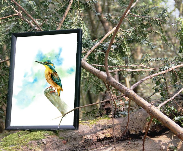 カワセミ】限定版アートプリント。水彩鳥の絵画ミニマリスト