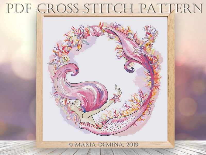 Joyful Sirene / Pink Mermaid Wreath PDF cross stitch pattern - 手工藝教學/工具書 - 其他材質 