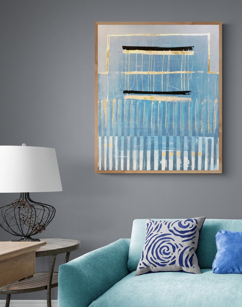 Large abstract oil painting on canvas Original painting for the living room - 壁貼/牆壁裝飾 - 棉．麻 藍色