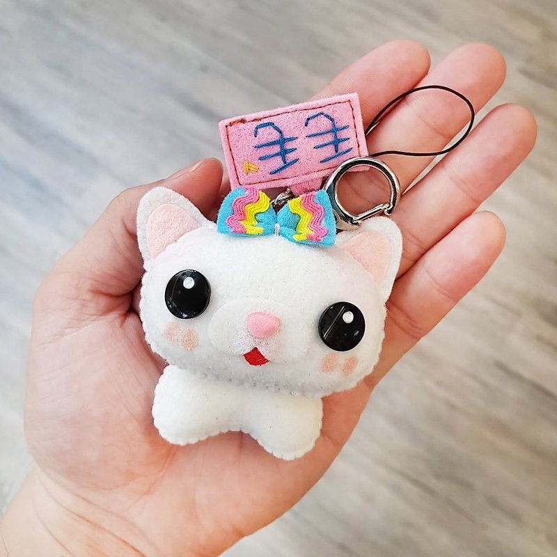 Skillful cat x city cat white cat pure hand sewing custom name puppet hanging ornaments key ring birthday gift - Keychains - Polyester White