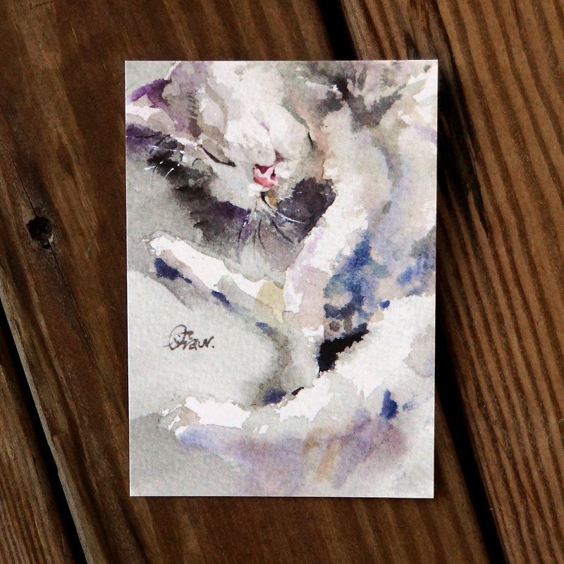 Watercolor painted hair boy series postcard - cat lazy - Cards & Postcards - Paper Gray