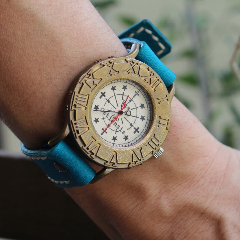 Handmade watch Via Ostiensis (cross retro clock antique case White & Blue) - นาฬิกาผู้หญิง - ทองแดงทองเหลือง ขาว