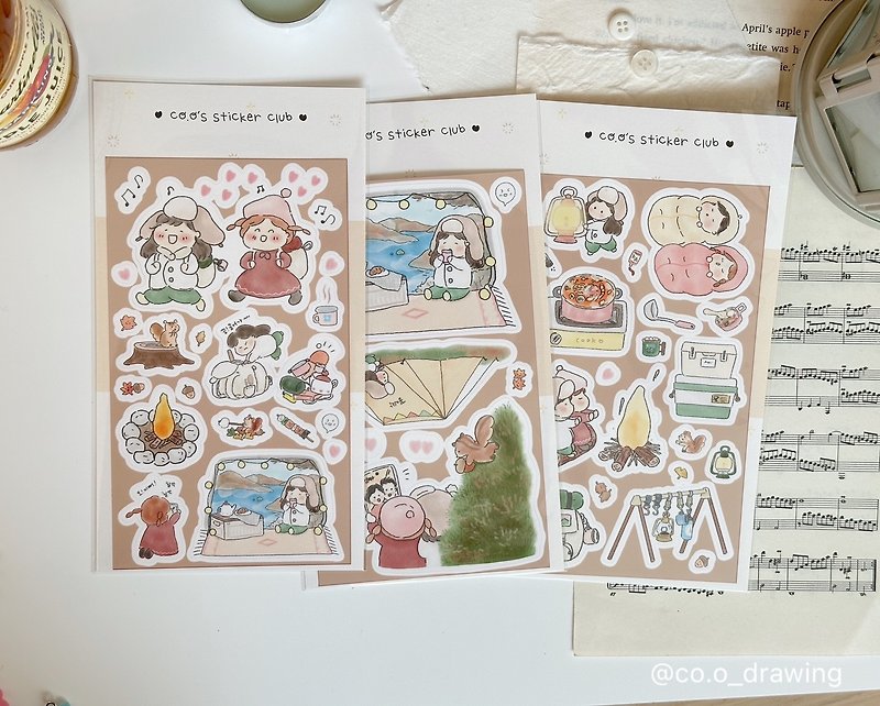 Camping with riri removable sticker(3 types) - 貼紙 - 紙 多色