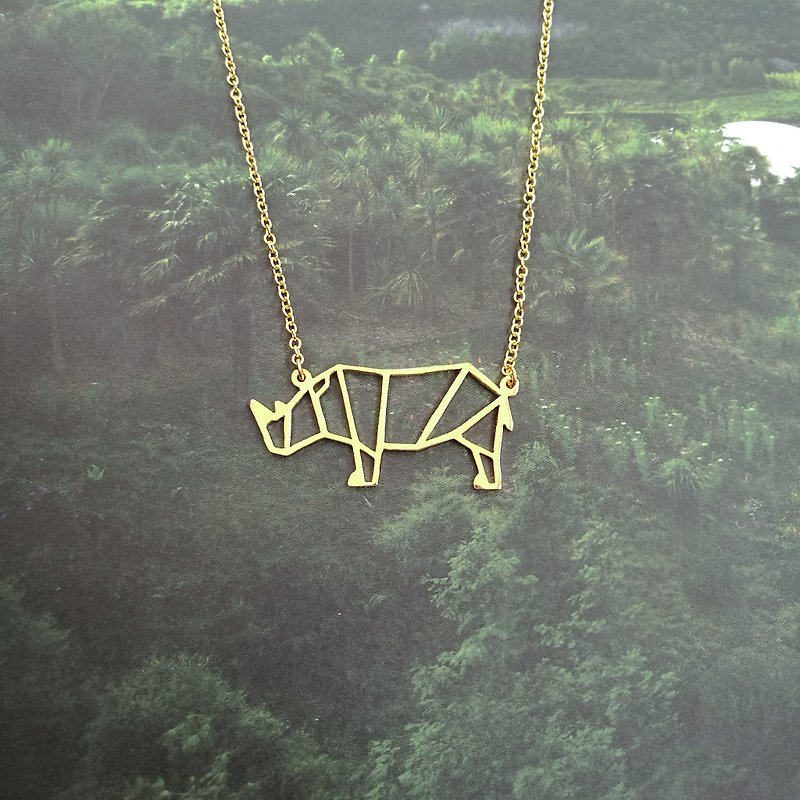 Rhino Necklace, Origami Necklace, Animal Necklace, Animal Gifts, Rhino Gift - Necklaces - Copper & Brass Gold