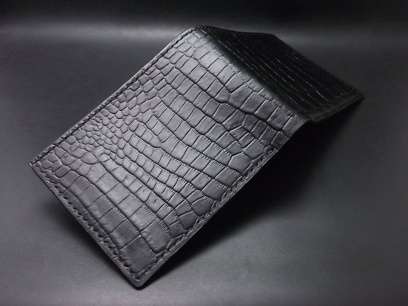 APEE leather handmade ~ male short clip ~ crocodile pattern ~ black + black brown - Wallets - Genuine Leather 