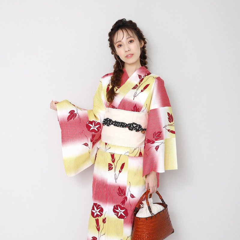 日本 和服 日本染色 梭織 女性 浴衣 腰帶 2件組 F x71-a3 yukata - 其他 - 棉．麻 紅色