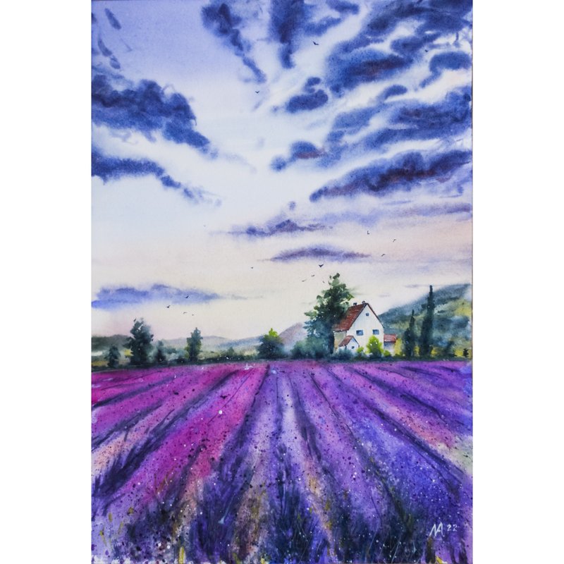 Lavender Fields Landscape Original Watercolor Painting Provence Scenery Wall Art - 海報/掛畫/掛布 - 紙 多色