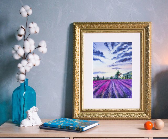 ラベンダー畑の風景 オリジナルの水彩画 プロヴァンスの風景