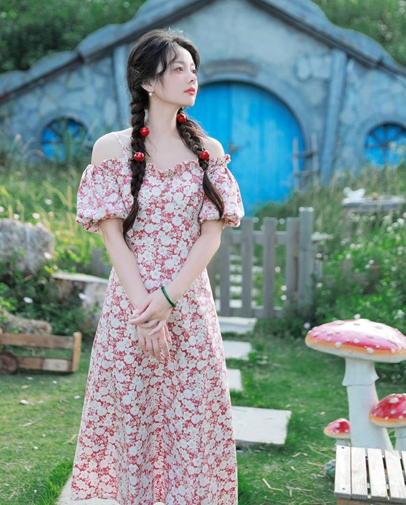 Summer Solstice French Retro Floral Dress - One Piece Dresses - Other Materials Red