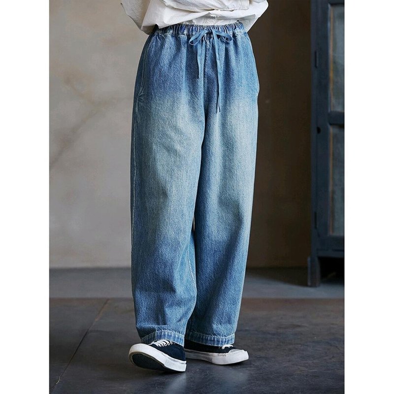 Light Indigo Elastic Waist Traditional Washed Casual Denim Carrot Pants - กางเกงขายาว - ผ้าฝ้าย/ผ้าลินิน 