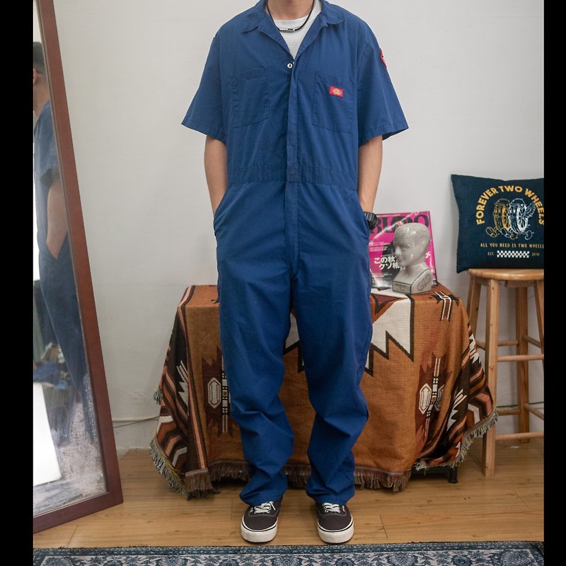 DICKIES blue short-sleeved jumpsuit with electric embroidery patch American flag corporate vintage 2 - กางเกงขายาว - ผ้าฝ้าย/ผ้าลินิน สีน้ำเงิน