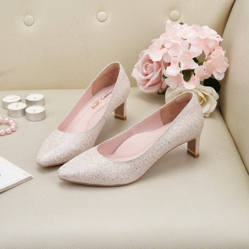 Air cushion_silk glitter small square pointed toe wedding shoes high heels pink orange - High Heels - Polyester Pink