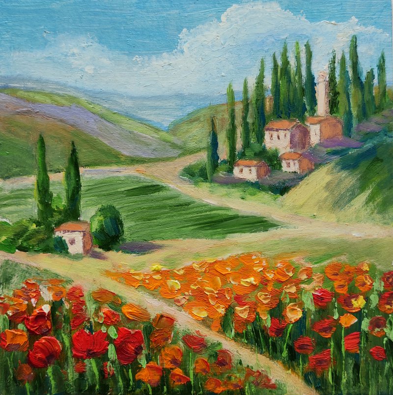 Tuscany Landscape Original Oil Painting Field Poppies Art Flowers, 手工油畫 油畫原作 - 海報/掛畫/掛布 - 其他材質 多色