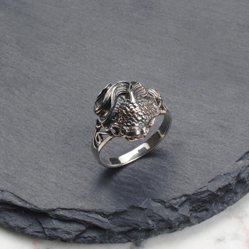 925 sterling silver with exquisite three-dimensional engraving, goldfish swimming ring, Japanese style retro and customizable ring circumference - General Rings - Sterling Silver Silver