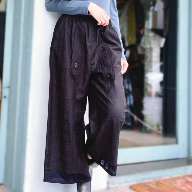 Black buttoned plaid patchwork trousers #U2045 - กางเกงขายาว - ผ้าฝ้าย/ผ้าลินิน สีดำ