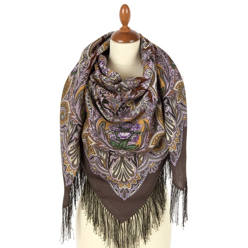 Pavlovo Posad Russian Shawl 100% Wool Scarf 125x125 cm Wrap Silk Fringe 2007-16 - Scarves - Wool Brown