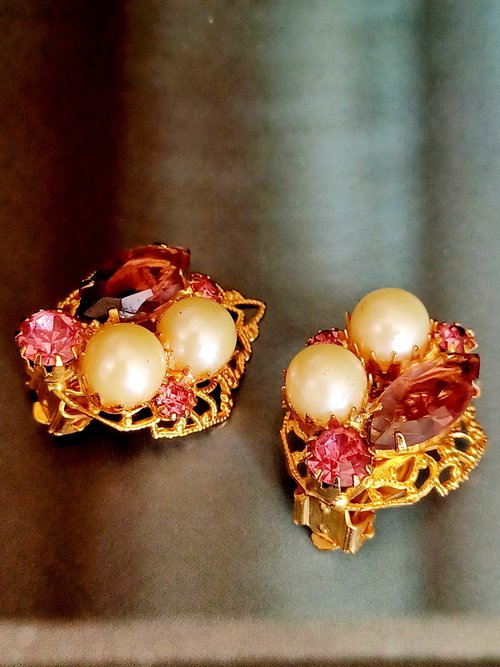 老時光製造所 vintage jewelry 典雅璀璨珍珠萊茵 夾式耳環