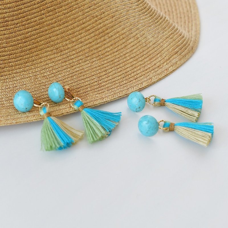 Dome Tassel Earrings  /Turquoise - Earrings & Clip-ons - Cotton & Hemp Blue