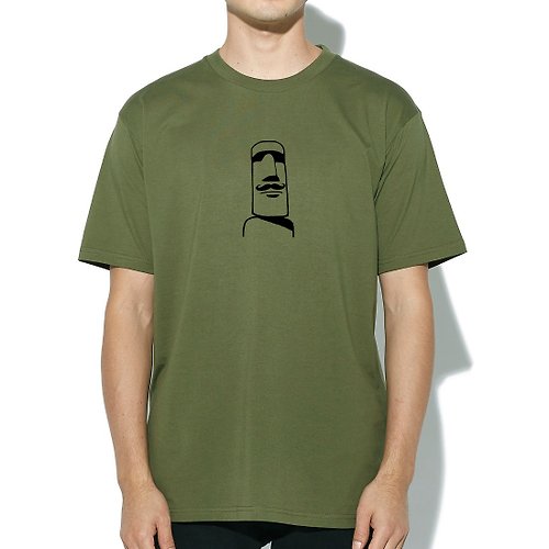 hipster 摩艾 鬍子 Moai 短袖T恤 軍綠色 原創插畫圖T復活節島石像文青