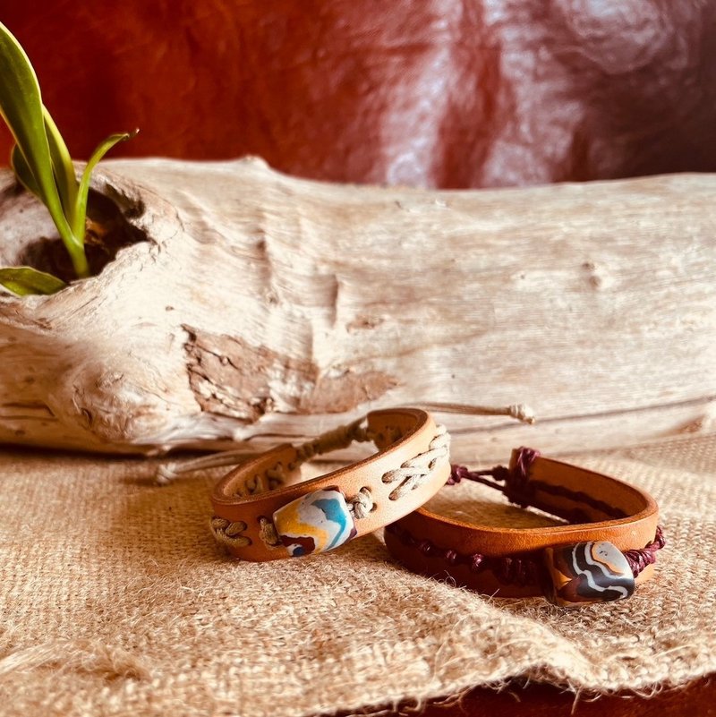 Glass bead leather bracelet - Bracelets - Genuine Leather Orange