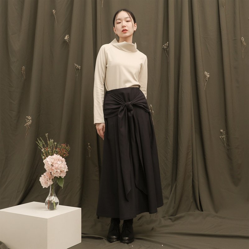 Narcissus_水仙合褶綁帶裙_23AF206_藍黑 - 裙子/長裙 - 聚酯纖維 黑色