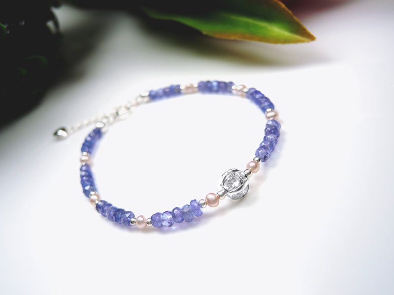 Customized Gift-Lilac Elegance-Clear Diamond Cut Tanzanite Pink Pearl 925 Sterling Silver Bracelet - Bracelets - Gemstone Blue