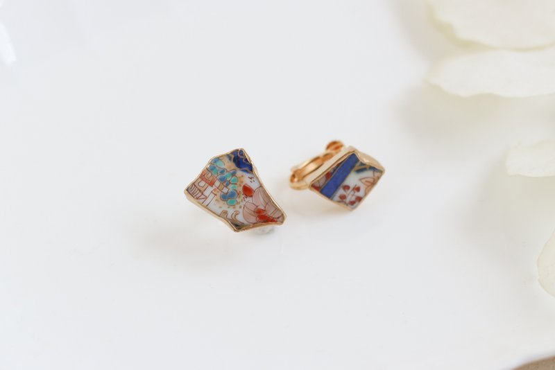 Old Imari Kintsugi Screw-spring Clip-On Traditional Crafts a23 - Earrings & Clip-ons - Pottery Blue