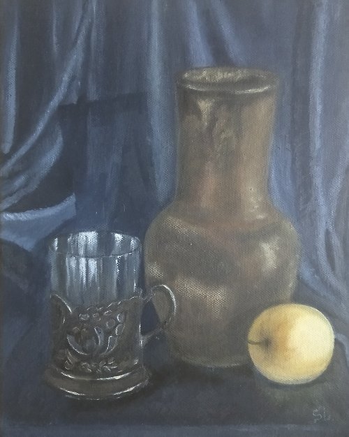 Artsli still life oil painting original painting apple glass stand fabric vintage jar