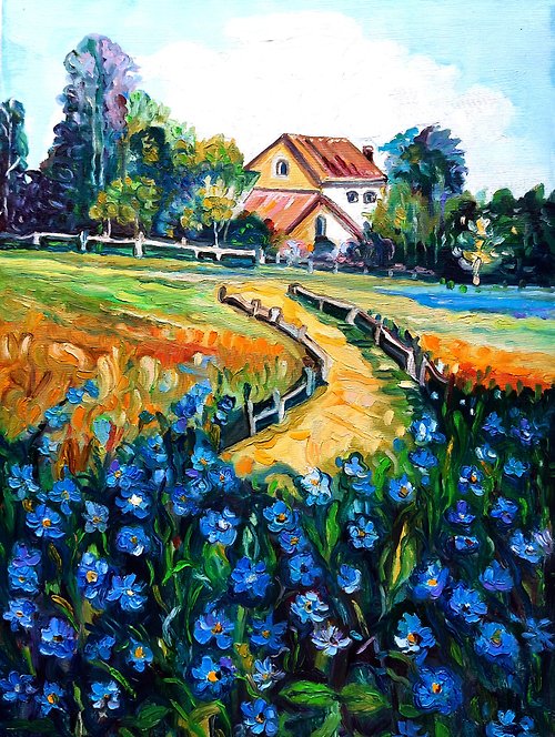 OlgaShelArt Fields of blue flowers Painting Original Oil Art Wall Decor Oil On Canvas