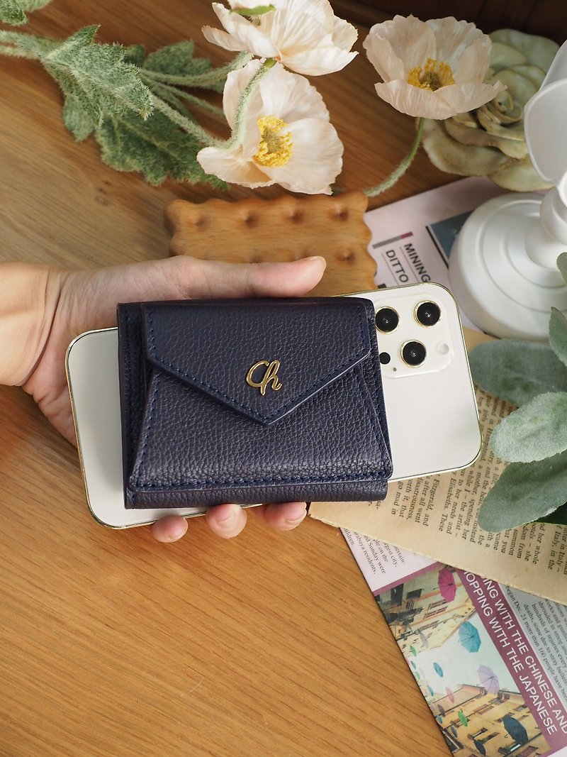 Maily (Navy) : Tri-fold wallet, short wallet, cow leather, Dark blue color - Wallets - Genuine Leather Blue