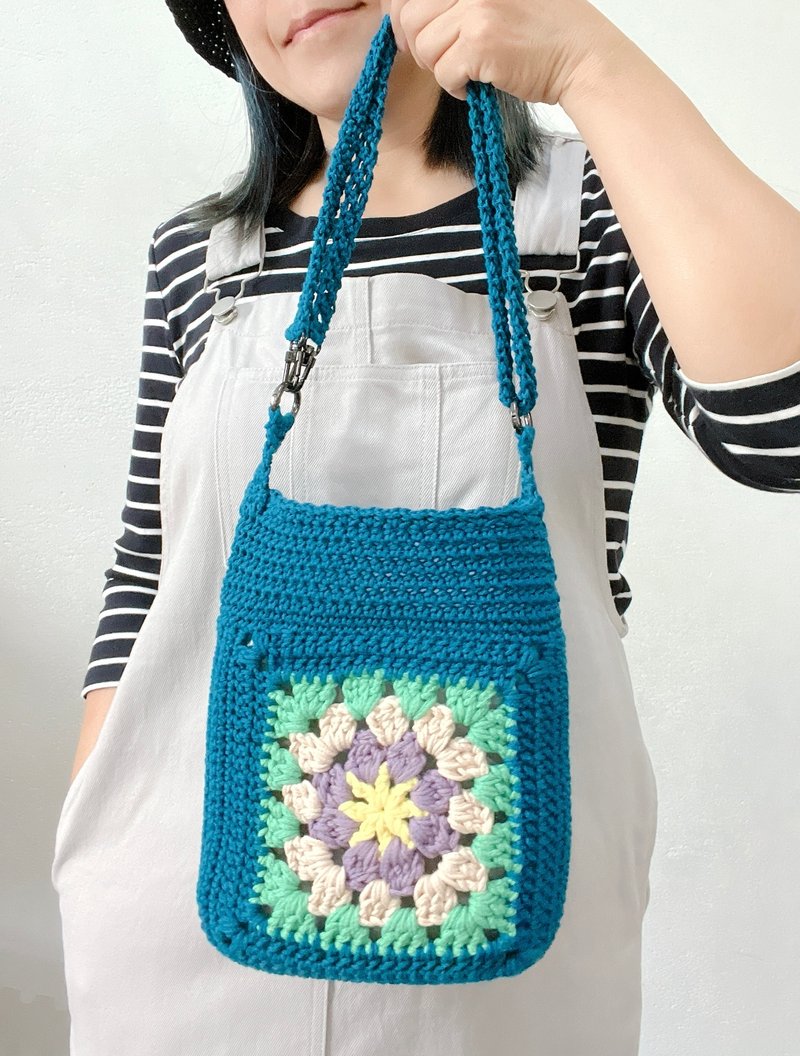 經典祖母方格斜揹+肩揹2用袋 莫藍迪色系 - 側背包/斜背包 - 棉．麻 