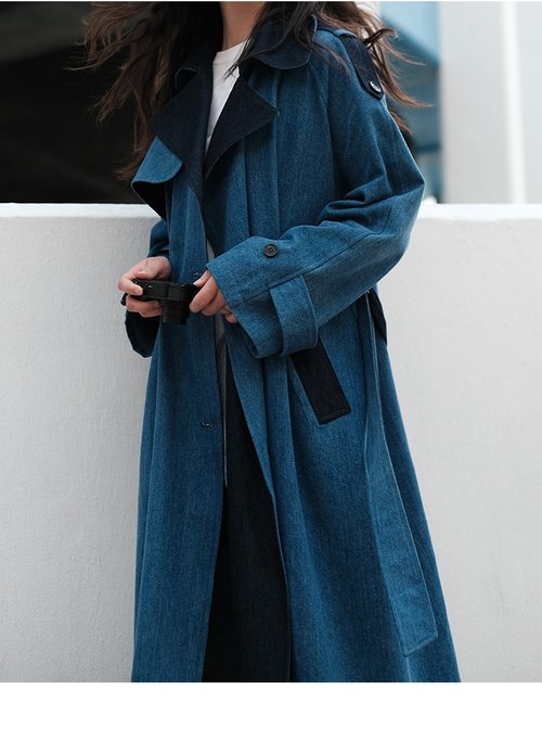與她 With her 拼接撞色復古寬松休閒雙排扣中長款風衣牛仔外套