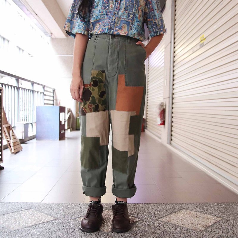 Tsubasa.Y ancient house stitching and re-made military pants 006, military pants stitching vintage remanufacturing - กางเกงขายาว - ผ้าฝ้าย/ผ้าลินิน 