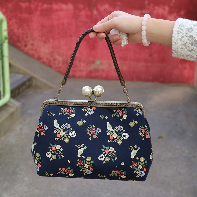 Bird Forest 25cm Pearl Kisslocked Bag with handle - Handbags & Totes - Cotton & Hemp Blue
