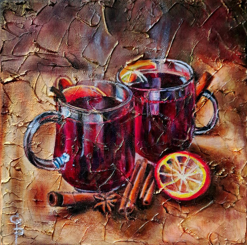 Mulled Wine Painting Oil Canvas hot Cup Original Still life Wall Art Textured - ตกแต่งผนัง - วัสดุอื่นๆ สีทอง