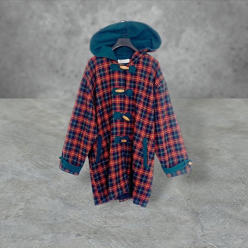 蘿綺莉蕾芭索 二手 紅綠配色 格紋 毛料 口袋 木頭釦 外套 大衣 OPME29
