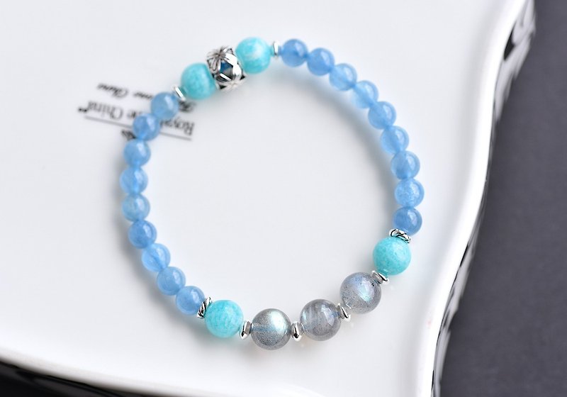 Labradorite + Aquamarine + Tianhe Stone Sterling Silver Bracelet - Bracelets - Gemstone Blue