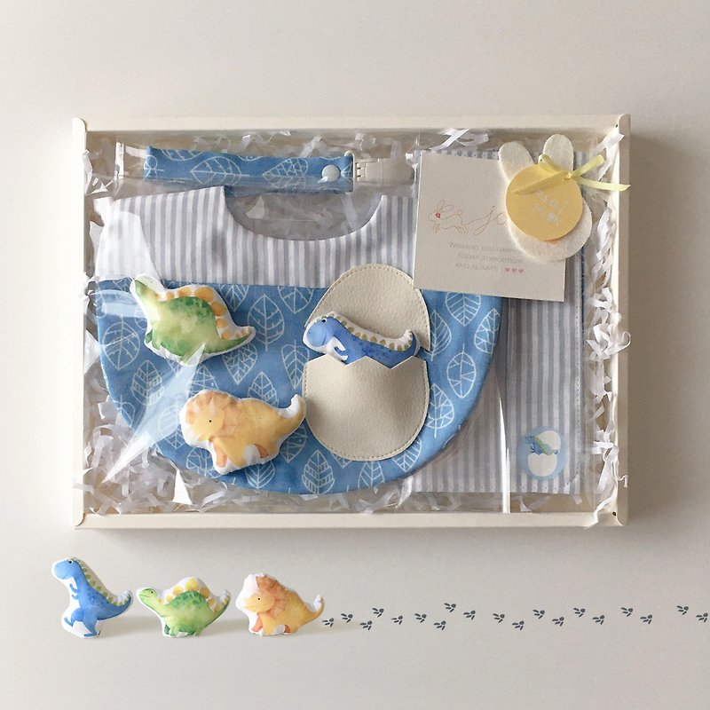 Lucky bag/set of 3 dinosaur egg bibs (including three dinosaurs)/customized name/moon gift box - ของขวัญวันครบรอบ - ผ้าฝ้าย/ผ้าลินิน สีน้ำเงิน