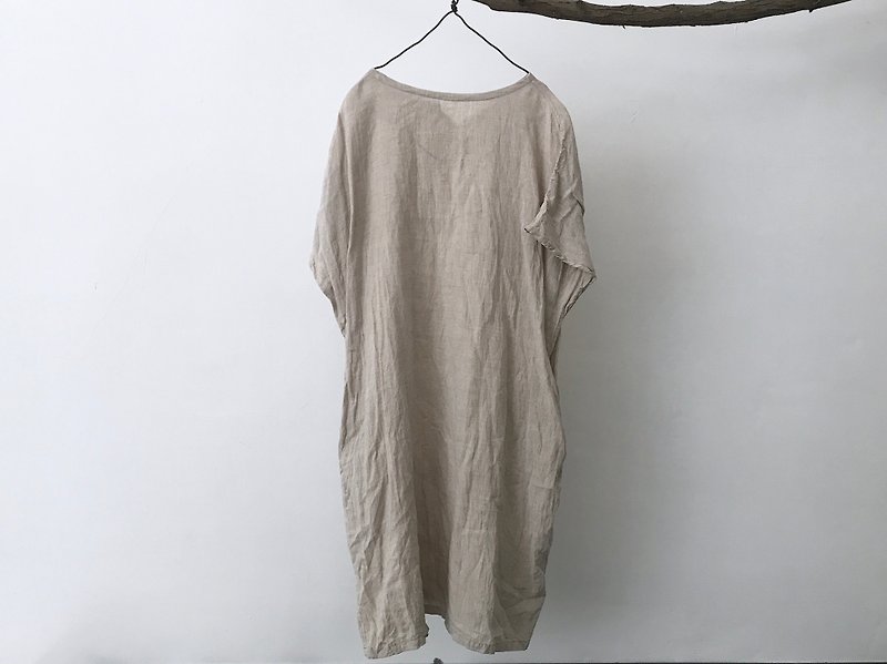Camel cotton and linen drop shoulder short sleeve dress - เสื้อผู้หญิง - ผ้าฝ้าย/ผ้าลินิน 