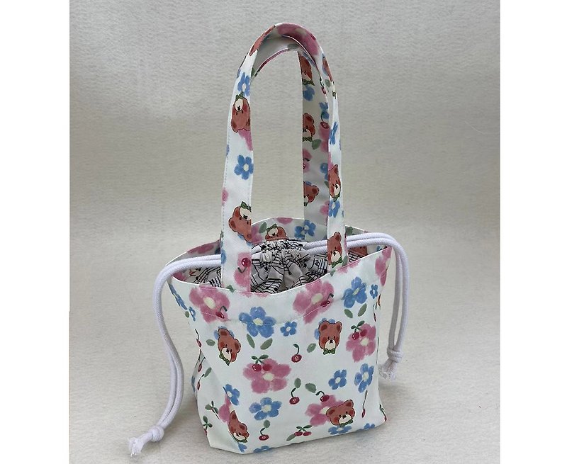 Drawstring Lunch Bag-Flower and Bear - Drawstring Bags - Polyester White