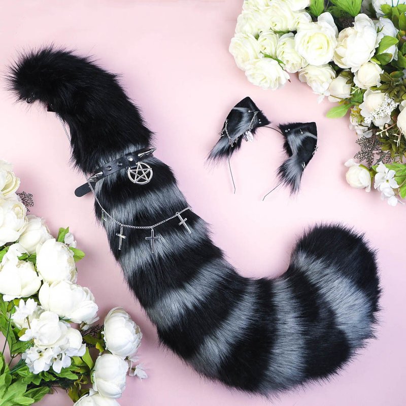 Grey Cheshire Cat Ears and Tail Set Faux Fur Ears and Tail Set - Hair Accessories - Other Man-Made Fibers Gray