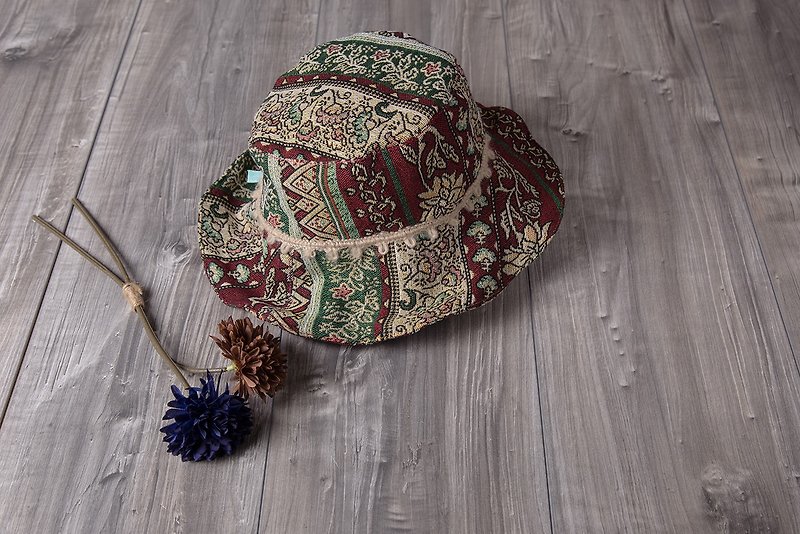 bold_ナショナルスタイルのつばの広い漁師の帽子。花 - 帽子 - コットン・麻 カーキ