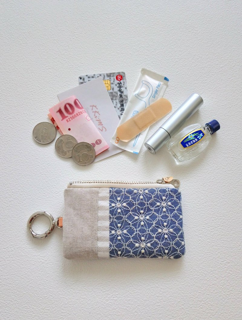 【FCI/二方格子チケットカードセット】タンニン刺繍先染めストライプリネン - 定期入れ・パスケース - コットン・麻 ブルー