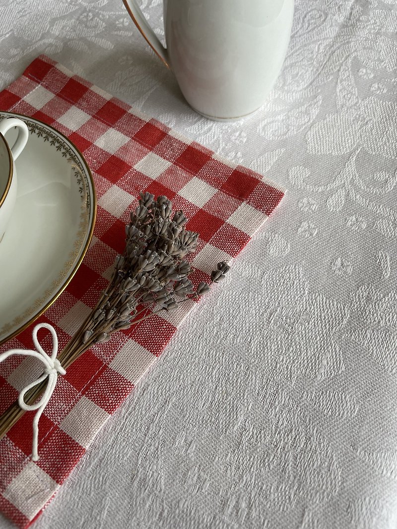 set of 6 linen red checkered square elegant festive dining tea napkins - 餐桌布/餐墊 - 亞麻 紅色
